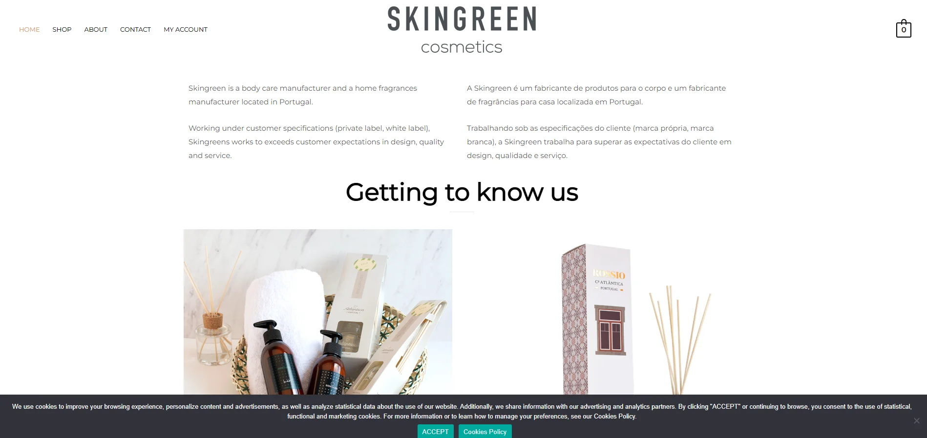 Skingreen cosmetics page showing body care and home fragrance products including shampoos, a towel, and reed diffusers in a basket.